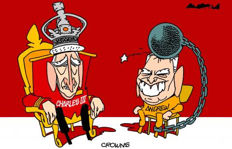 Cartoon showing Prince Charles sitting on a throne wearing a crown; next to him sits former prince Andrew on a wooden stool, wearing an orange prison jumpsuit. On his head he wears a big iron ball that's attached by a chain to his ankle.