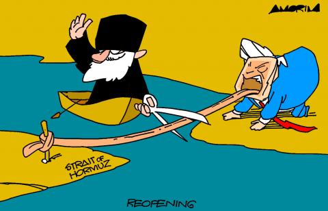 Cartoon showing an Iranian ayatollah cutting a ribbon to reopen the Strait of Hormuz. To on side of the water, Donald Trump is on his hand and knees, and the ribbon turns out to be his tongue, tires to a post on the other side of the Strait.