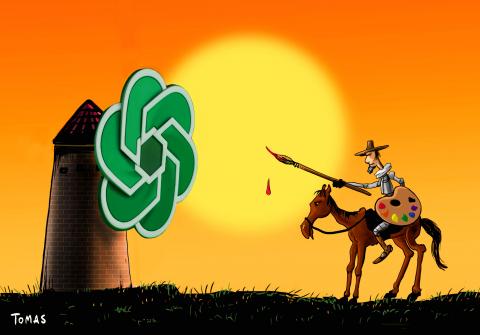 Cartoon showing a Don Quixote, armed with a large paintbrush and a paint palette for a shield, ready to take on a windmill that has the OpenAI logo instead of windmill blades.