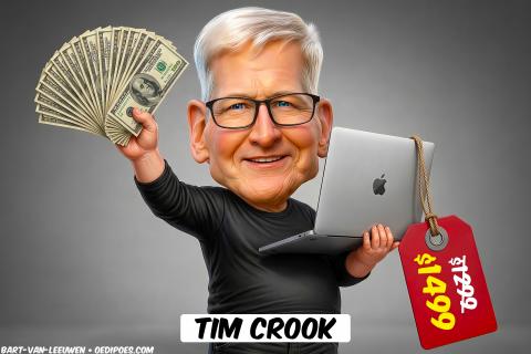 Tim Cook holding Macbook and dollar notes