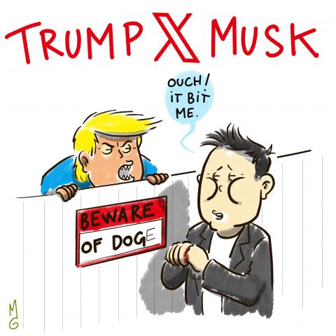 The image is a caricature featuring Donald Trump and Elon Musk. Trump, depicted with a ferocious expression, is hiding behind a fence that reads "Beware the Doge." Musk, on the other side of the fence, appears injured and says, "Ouch! It bit me."