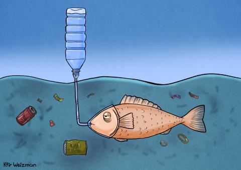 Cartoon showing a fish swimming in a very polluted ocean with pieces of plastic floating around. The fish is wearing a breather apparatus, connected by a straw to a bottle with clean water that is sticking out above the surface (like a snorkel).