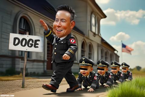 Elon Musk marching with his young entourage