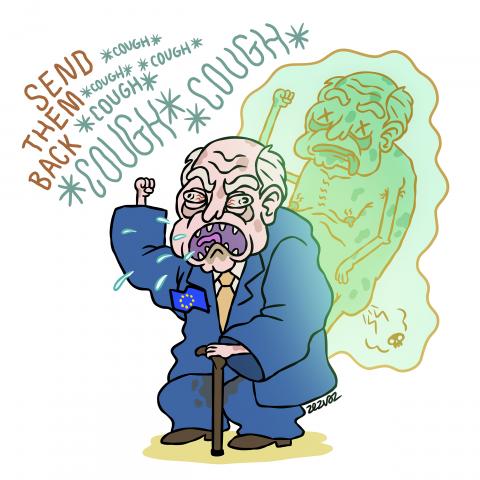 Cartoon by Zez Vaz depicting an angry old politician with his soul leaving his body, shouting "Send them back" while coughing.