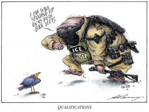 Oafish Ice officer bragging to a bird.