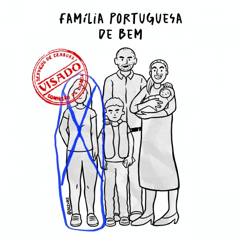 Cartoon by Zez Vaz depicting a Portuguese conservative nuclear family with one of the child censored with a stamp and blue pencil used in the Salazar's fascist regime.