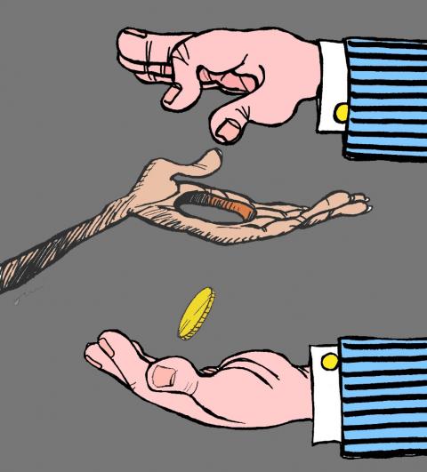 Cartoon showing the sleeve of a suit and a white, right hand dropping a coin into a black hand that is attached to a bare arm. The black hand has a hole in it and the coin is dropping into the outstretched left hand of the white person wearing the suit.