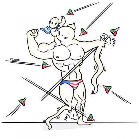 Cartoon by Zez Vaz depicting a strong balloon character with USA shorts with a smaller character with an Israel flag on his back. Iranian drones are flying in all directions hitting the main character making him lose air like a balloon.