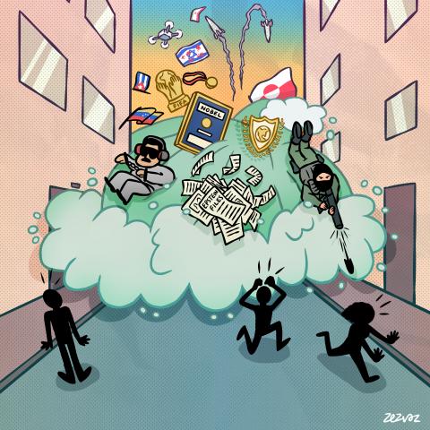 Cartoon by Zez Vaz depicting a street being flooded by a wave with objects like the Nobel Peace Prize, Greenland flag, President Maduro, an ICE agent, among other things. People are running away on the street.