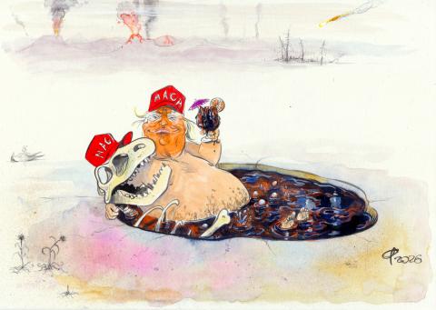 Cartoon showing Donald Trump sitting naked in a bubbling tar pit, together with the skeleton of a T-Rex. Both are wearing MAGA caps. In the background we see volcanos and a meteor streaking through the sky.