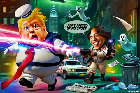Ghostbuster Harris shooting proton beams at Trump