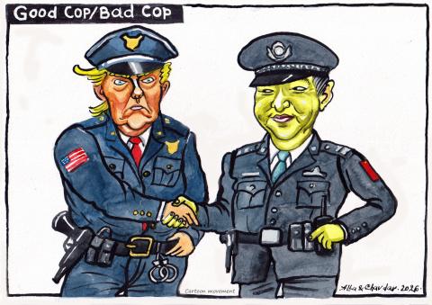 Donald Trump and Xi Jinping, dressed in police uniforms, strike a deal