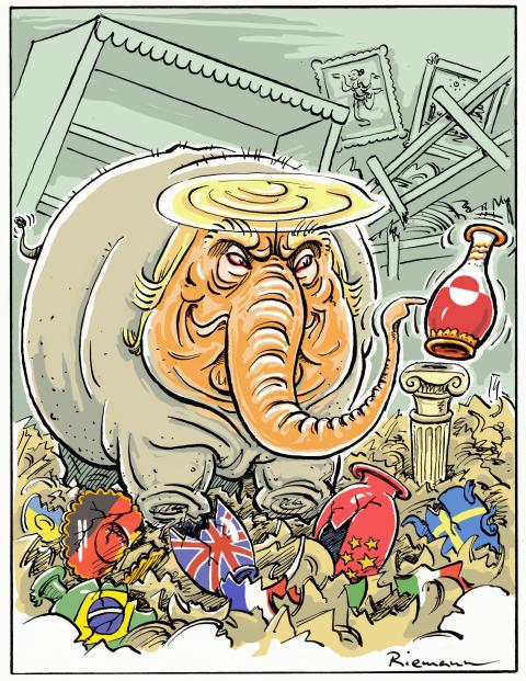 Trump as elephant in world porcelain store.