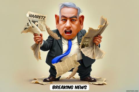 Benjamin Netanjahu tearing newspaper Haaretz
