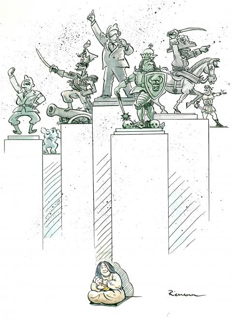 International Women's Day - A mother in the shadow of man hero statues.