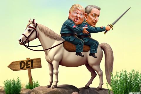 Dan Caine and Trump sitting backwards on horse