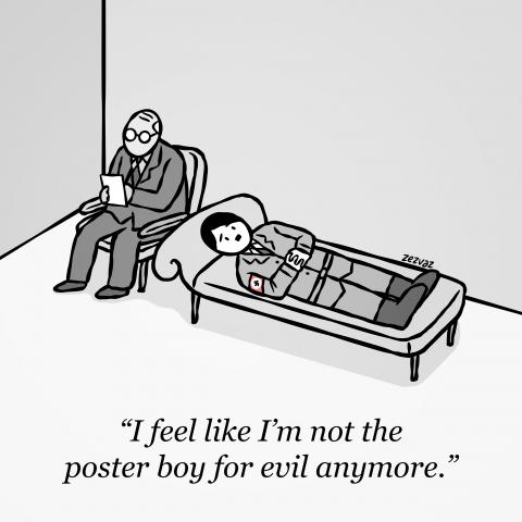 Cartoon by Zez Vaz depicting Hitler in a therapy session. Caption reads: "I feel like I'm not the poster boy for evil anymore."