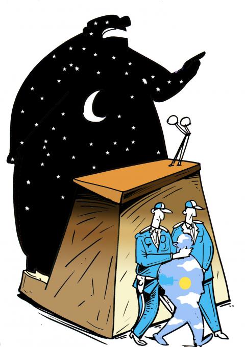 Cartoon showing a large figure holding a speech behind a lectern, while a small man is being escorted away by two police men. The large figure holding the speech is a black silhouette with stars and a moon inside, while the smaller figures that is arrested is a light blue silhouette with a sun and some clouds inside.