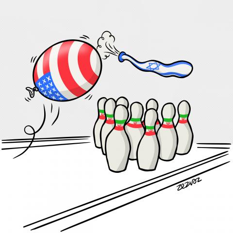Cartoon by Zez Vaz depicting bowling pins with the flag of Iran and two balloons coming their way: the USA inflated and Israel passing by, already deflated.
