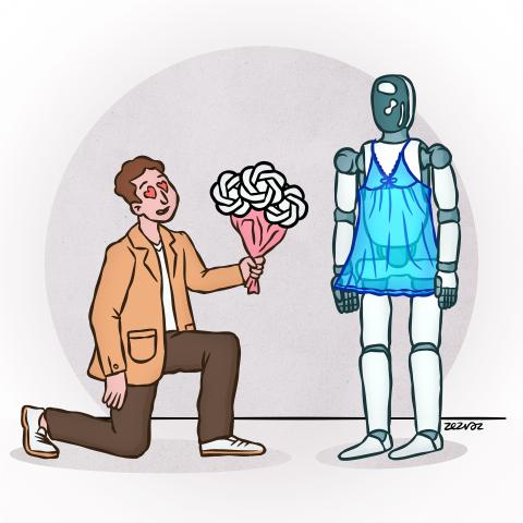 Cartoon by Zez Vaz depicting a man with flowers shaped as ChatGPT's logo, kneeling in front of a humanoid robot in a sleeping dress.