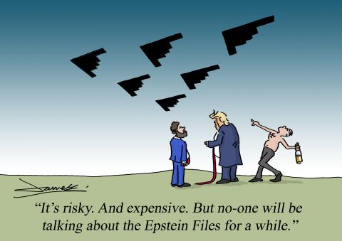 Donald Trump and his cabinet watch a flight of B2 bombers fly overhead