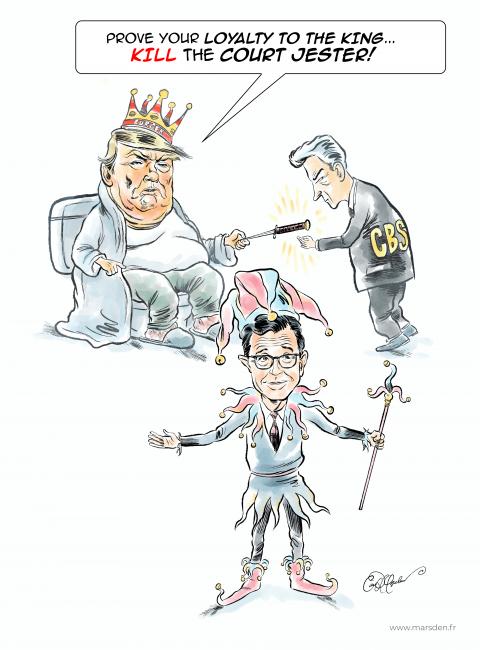 A bloated Donald Trump, adorned in a crooked Burger Restaurant crown and wrapped in a royal bathrobe, sits smugly on a throne-like armchair. With one hand, he lazily hands a glowing dagger to a nervous executive in a CBS suit. The executive approaches a smiling Stephen Colbert, dressed head-to-toe in jester garb — bells, scepter and all — oblivious or defiant, arms open as if to say, “What took you so long?” The silent message is clear: the King demands his laughs be loyal, or not at all.