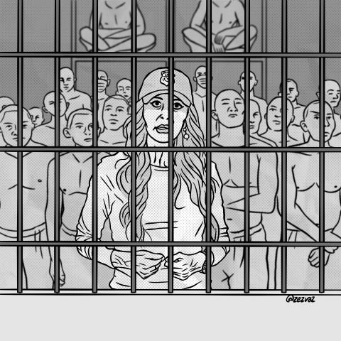 Cartoon by Zez Vaz depicting Kristi Noem behind bars with other prisoners at CECOT, in El Salvador.
