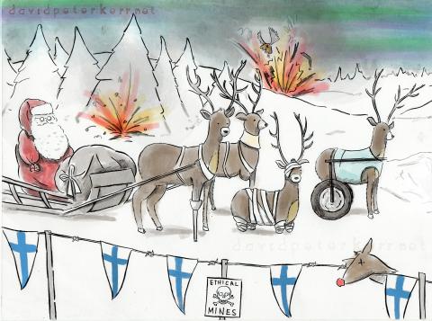 Santa’s sleigh and reindeer are in a snowy forest with explosions in the background. Several reindeer are injured and bandaged, one has a wheel for a leg. In the foreground is a line with with Finnish flags and a sign reading 'Ethical Mines'.