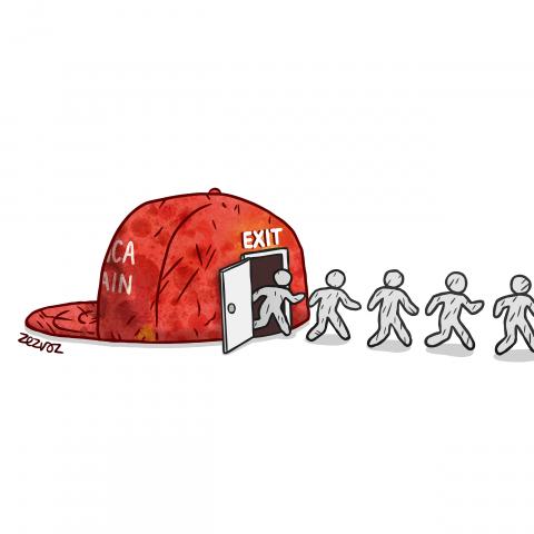 Cartoon by Zez Vaz depicting a mouldy MAGA hat with a line of people exiting through the backdoor.