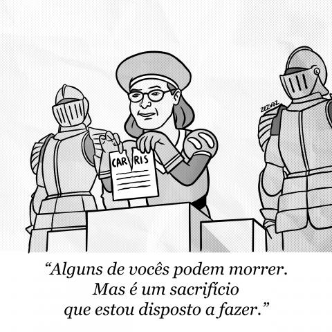 Cartoon by Zez Vaz depicting Mayor of Lisbon, Carlos Moedas, dressed as Shrek's Lord Farquaad, tearing a paper that reads "Carris". Caption reads (in Portuguese): "Some of you may die. But it's a sacrifice I am willing to make."