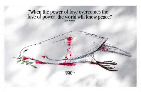 Shot peace dove lies dead with the Jimi Hendrix quote,"When the power of love overcomes the power of love, the world will know peace."