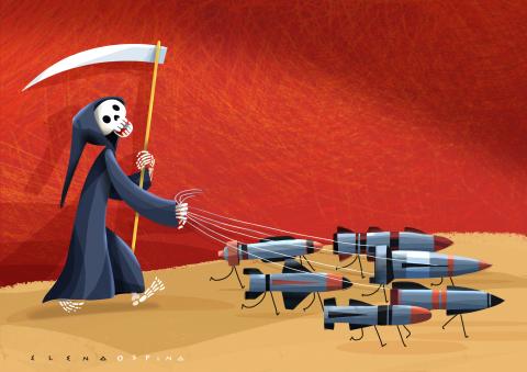 Cartoon showing the Grim Reaper out walking dogs on leashes that look like missiles.