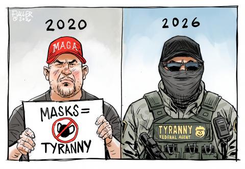 man with anti-covid mask sign and ICE agent