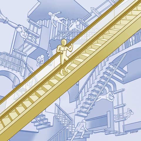 Cartoon by Zez Vaz depicting a golden escalator with a calm human figure going up - on the background we see M. C. Escher's 'Relativity' with its different stairs and various human figures struggling and getting nowhere.