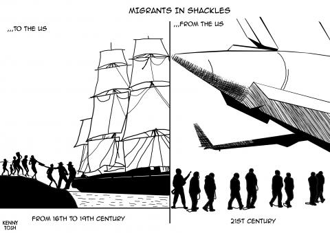 Cartoon with two panels and the caption 'Migrants in shackles'. The first panel shows slaves being offloaded from a galleon with the text ...to the us, from the 16th to the 19th century'. The second panel shows migrants being loaded onto a plane with the text '...from the US, 21st century'.