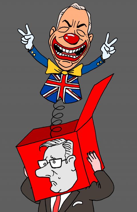 Cartoon showing Nigel Farage dressed as a clown popping out of a box on a spring (like a jack-in-the-box). The box has a picture of Keir Starmer's head on it, looking up in distress.