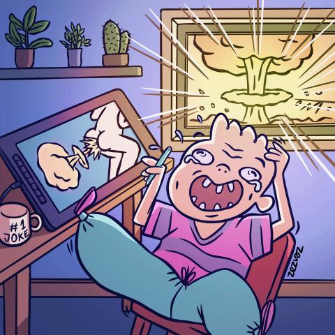 Cartoon by Zez Vaz depicting a cartoonist drawing a nuclear bomb-shaped fart in his studio, laughing manically while a nuclear bomb is detonating outside.