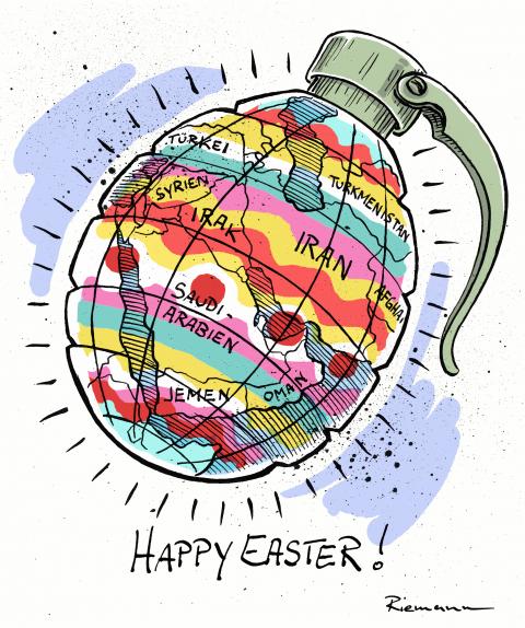 A hand grenade with the map of the middle east on it, looking like an easter egg.