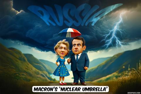 Macron and Von Der Leyen hiding under umbrella