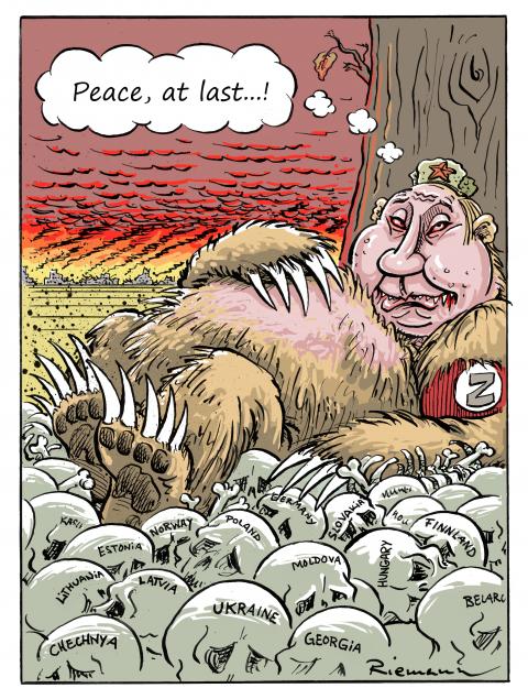 Putin as the russian bear who devoured all other countries, while thinking of peace.
