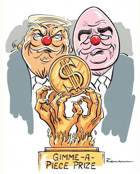 Trump and Infantino as Clowns with Peace Prize Trophy.