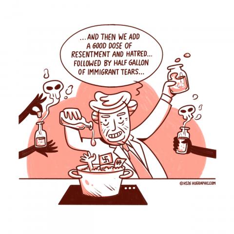 Trump on the stove cooking a autocratic potion