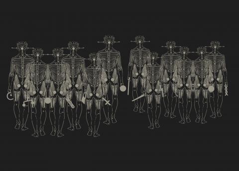 Twelve people walk in two groups with their backs turned, heading toward an unknown destination. They carry a mix of religious and scientific symbols. The viewer sees them from behind, suggesting we are following the same path.