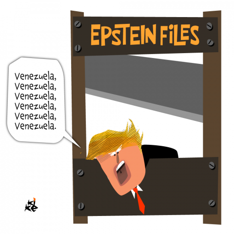 Cartoon showing Donald Trump with his head in a guillotine labeled 'Epstein files' while saying 'Venezuela, Venezuela, Venezuela, Venezuela, Venezuela'