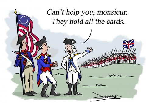 An American officer asks a French officer for assistance against the superior British forces during the Revolutionary War