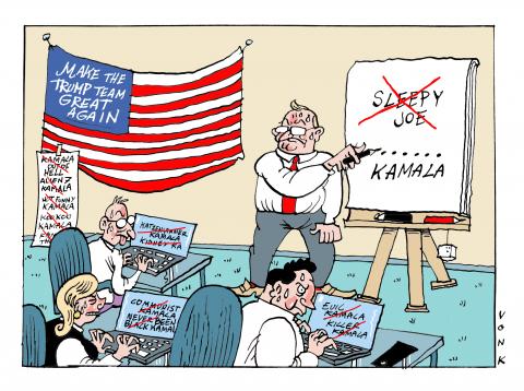 Cartoon showing the Trump campaign team desperately trying to come up with an effective nickname for Kamala Harris. People are sweating behind their laptops while a man in front of a blackboard is urging them on. On the laptop screens we see options for nicknames the have ben considered but discarded, such as 'Evil Kamala' and 'Koo Koo Kamala'.