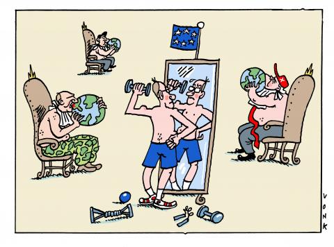 Cartoon showing Xi Jinping, Putin and Trump devouring the earth, while Europe (personified as a skinny civil servant wearing glasses) is anxiously lifting weights and looking at itself in the mirror.