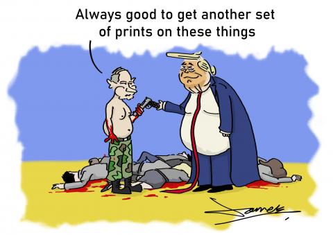 Vladimir Putin offering a recently used gun to Donald Trump so as to get his fingerprints on it.
