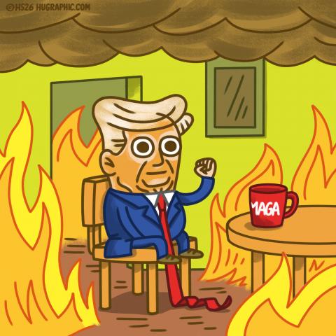Trump sitting quietly in a chair on a room on fire.