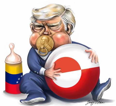 Cartoon showing Trump as a toddler sitting on the ground, sucking on a pacifier shaped like the Nobel Peace Prize, while highly holding a ball with the flag of Greenland on it. Next to him is a bottle of milk with the flag of Venezuela on it.